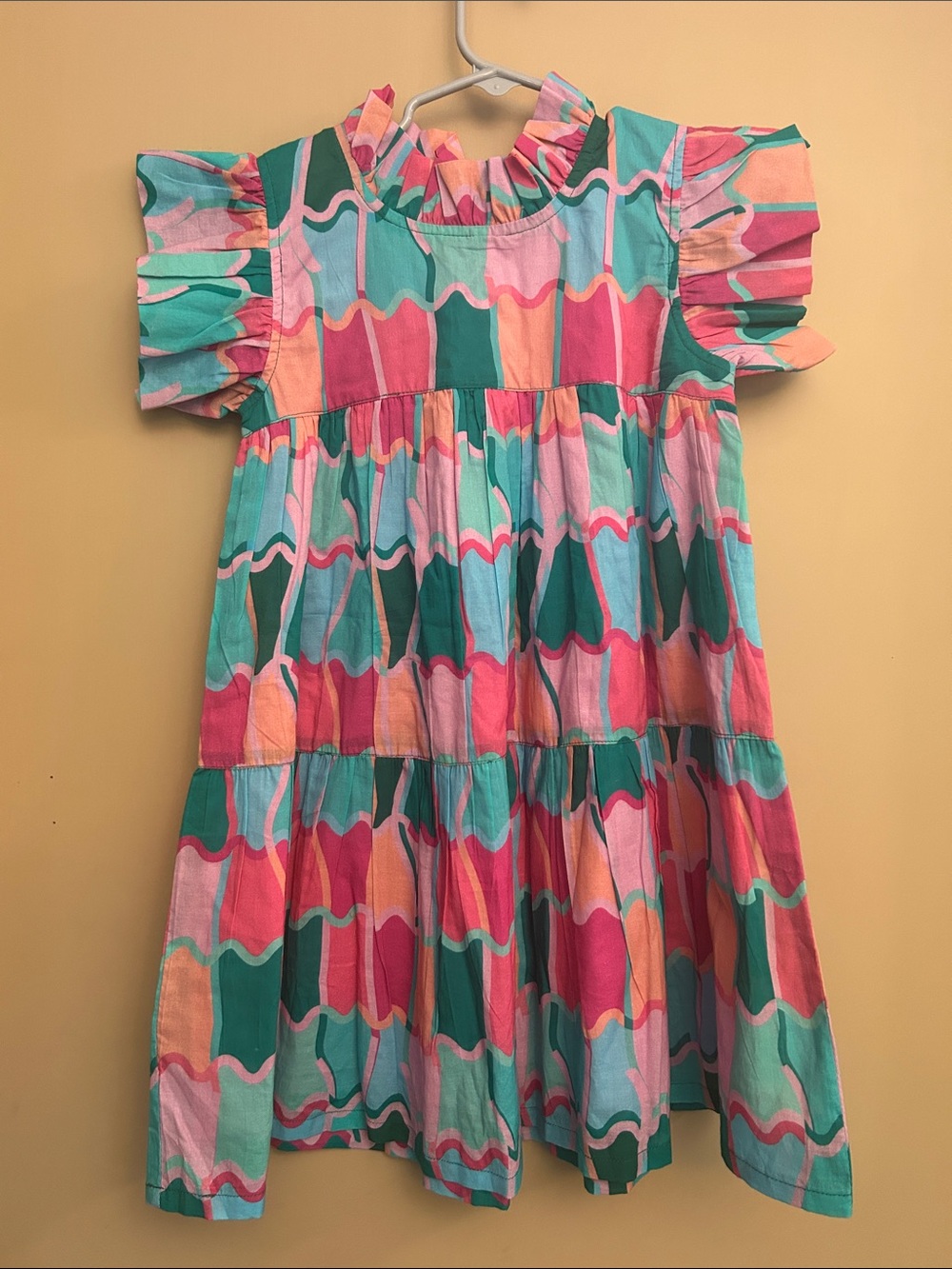 Girls' Tiered Wave Print Dress in Teal Pink Coral